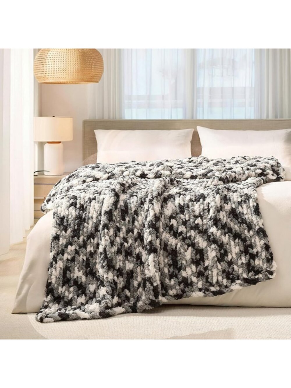 Cozy Chunky Knit Throw Blanket for Couch, 50x60 Inches, Black & White Design